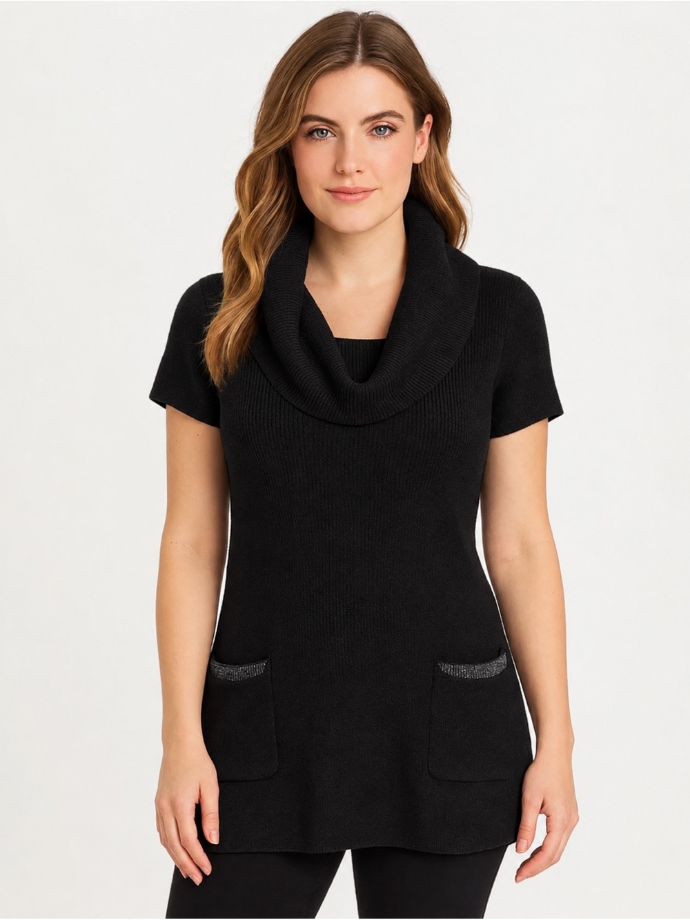 INC Black Short-Sleeve Cowl Neck Tunic Sweater with Embellished Pockets